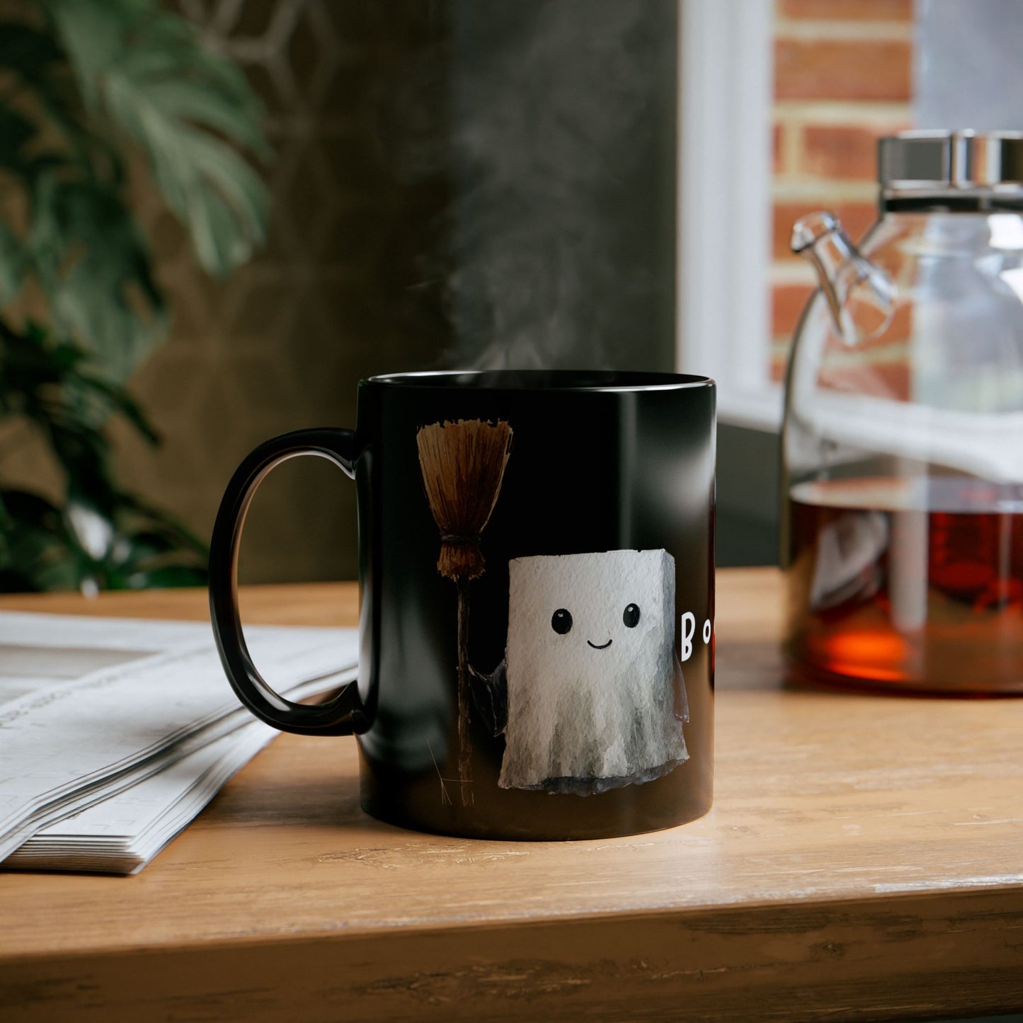 Spooky Cute Black Mug for Halloween, Ghost and Bat Design, Perfect Gift for Halloween Lovers, Cozy Coffee Cup, Unique Tea Mug