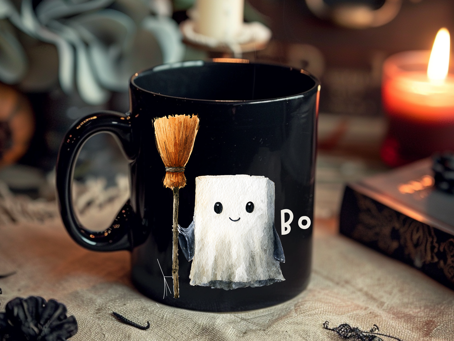 Spooky Cute Black Mug for Halloween, Ghost and Bat Design, Perfect Gift for Halloween Lovers, Cozy Coffee Cup, Unique Tea Mug